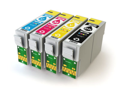 CMYK cartridges for colour inkjet printer isolated on white. 3d illustration